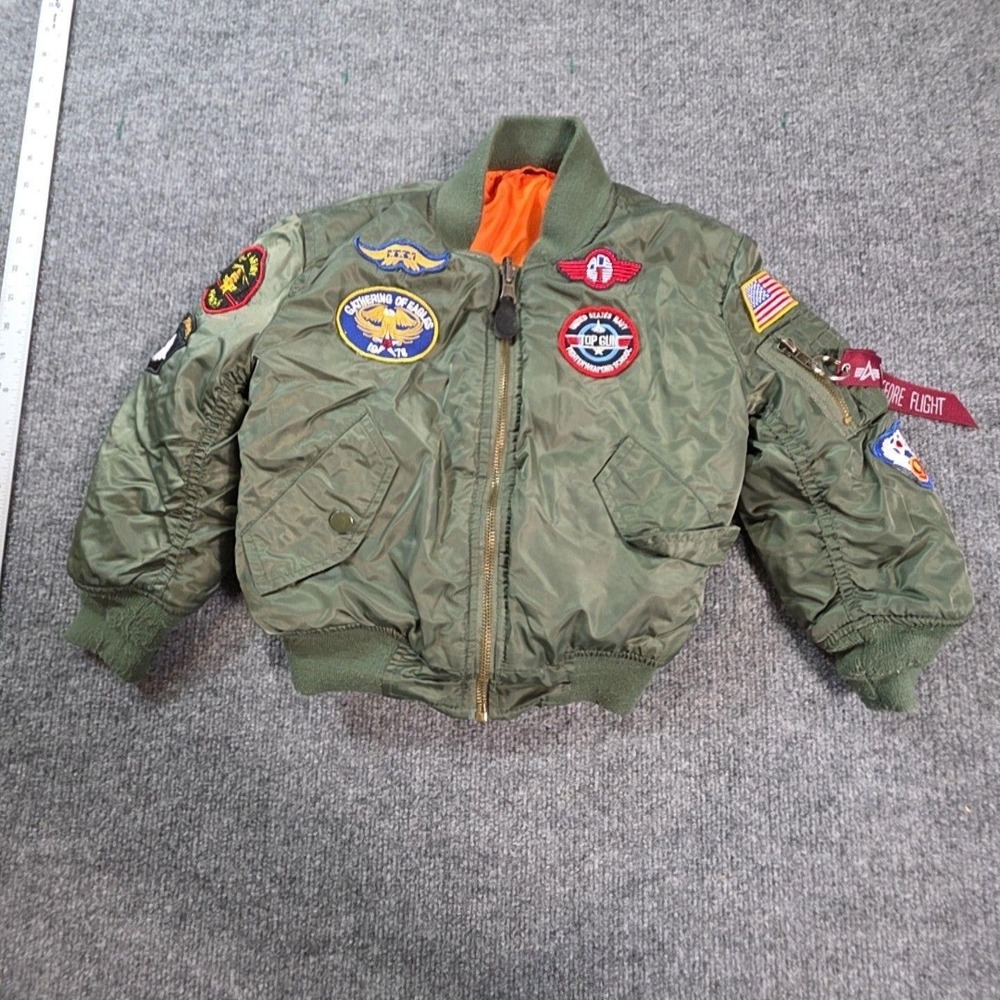 Alpha Industries Jacket Kids 5T Green Bomber Full Zip Flight Patches Top Gun